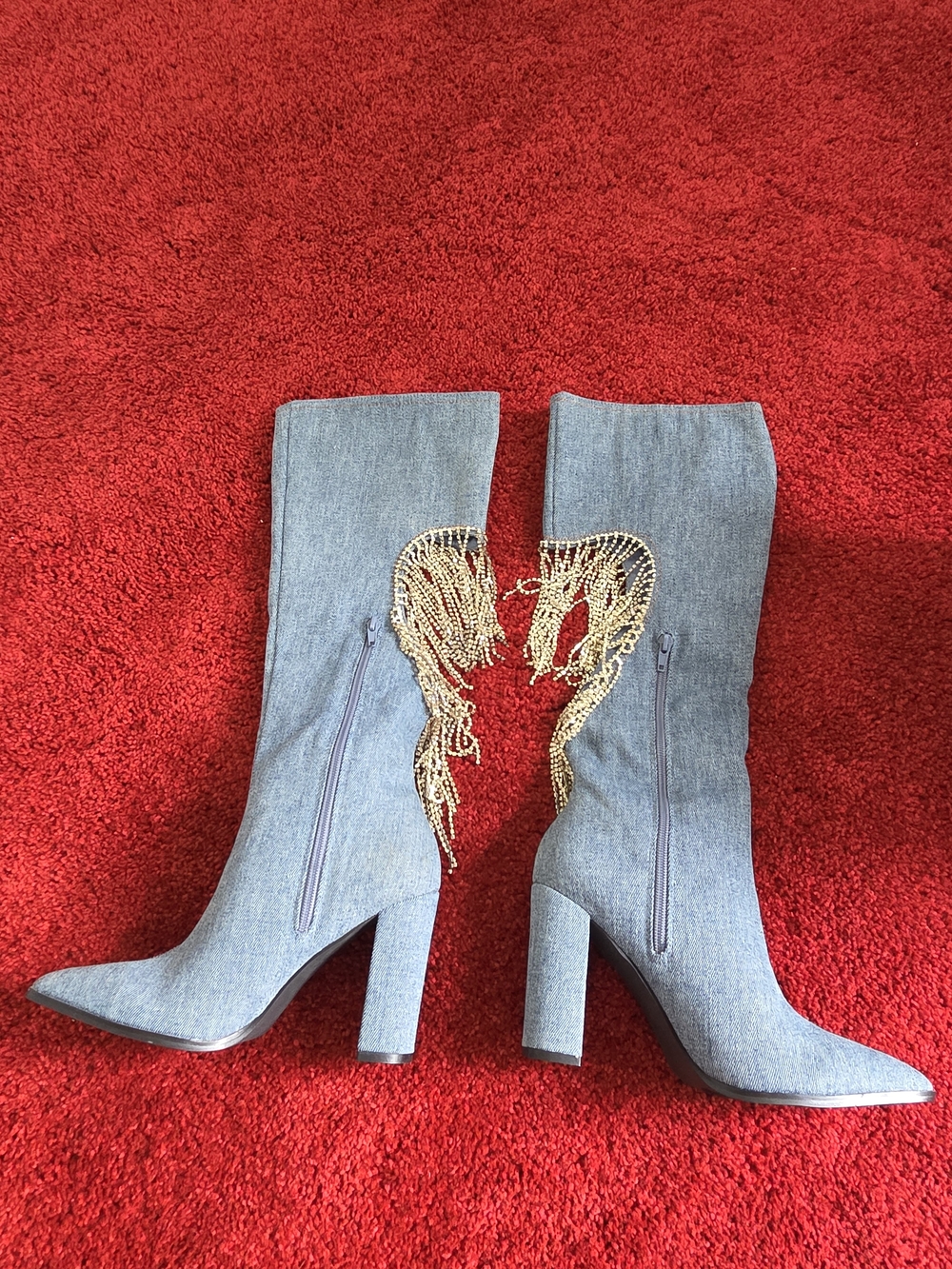 Stylish Blue High-Heel Mid-Calf Boots with Silver Chain Embellishment